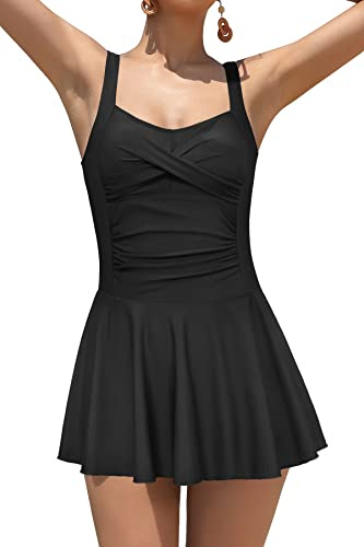 SHEKINI Mujer Bañador con Falda Traje de Baño Elegante Ruched Control Abdomen Tankini Deportivo Ajustable Falda de Baño de Una Pieza(XL,Negro B)