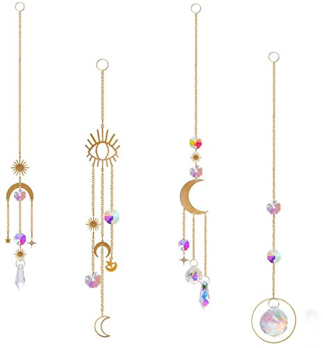Kristall Suncatcher Windspiel, 4 Stück Sonnenfänger Kristall Windspiel, Gold Mond Stern Regenbogen Kristalle anhänger für Schlafzimmer Wohnzimmer Decken Lampe Wand Garten Dekoration