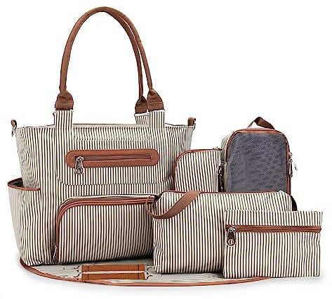 SONARIN 7er-Set Baby Wickeltasche,Multifunktionale Babytasche Mutter Windeltasche Reise Umhängetasche Tragetasche Handtasche mit Flaschentasche Wickelunterlage & Kinderwagen Haken(Khaki)