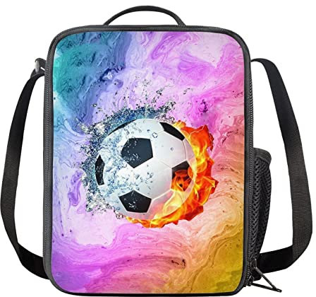 BYCHECAR Fiambrera de fútbol para niñas, bolsa de almuerzo aislada con galaxia arcoíris, bocadillos, bolsas de comida para niños, pequeña lonchera con bolsillo para botella para picnic y viajes
