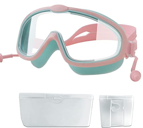 Lunettes de Natation Enfant Lunettes de Piscine Anti-buée Etanche Lunettes de Plongée en Silicone Réglable Masque de Natation Anti-UV avec Bouchons d'oreille Confortable pour Garçon Fille 3-15 Ans