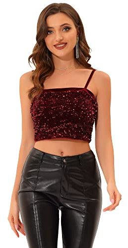Allegra K Damen Pailletten Oberteil Ärmellos Tanktop Spaghettiträger Glitzer Cami Party Crop Top Burgund M