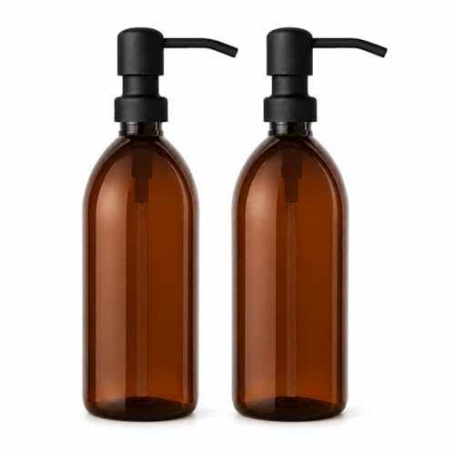 AVALON Brown Amber Plastic Bottles - Matt Black Metal Pump 500ml - Pack of 2 - Refillable Plastic Soap Dispenser Bottle for Bathroom/Kitchen - Hand Wash, Body Lotion, Shampoo, Shower Gel.