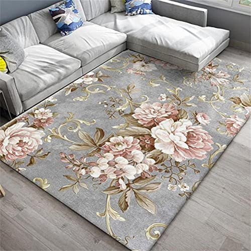 RUGMRZ Tapis Ext¨¦Rieur 140 x 210 cm De Jeux Enfant Gris D¡¯Eveil Rose imprimé Floral Design Rectangle décoration Chambre Moderne Douce
