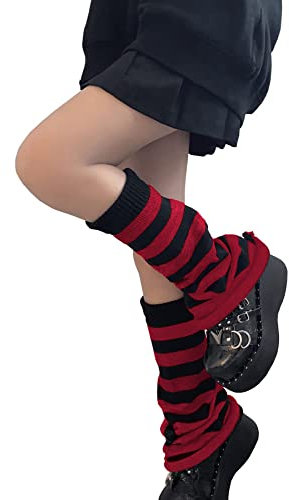 WODECASA Girls Kawaii Leg Warmers Knitted Flared Leg Sleeves Goth Crochet Baggy Cuff Ankle Heap Socks, Stripe: Black+red, One Size