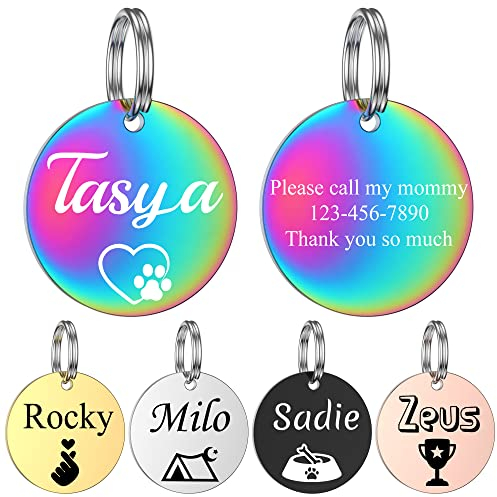 GISUERY Gravierte Hundemarken Personalisierte Haustiermarken aus Edelstahl Individuelle Hundeanhänger Namensschilder mit Gravur für Hunde und Katzen Adressanhänger mit Stilvollen Symbolen (Rund)