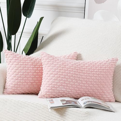 Madizz Lot de 2 Housses de Coussin en Velours côtelé rayé Boho Housse de Coussin décorative Douce pour canapé Chambre à Coucher Rose Clair 40 x 60 cm