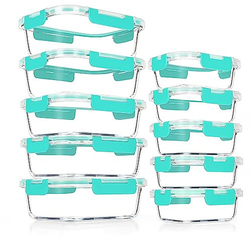 VERONES Lot de 10 récipients hermétiques en verre pour préparation de repas, boîtes empilables en verre avec couvercles, sans BPA, passent au micro-ondes, four, congélateur et au lave-vaisselle, vert