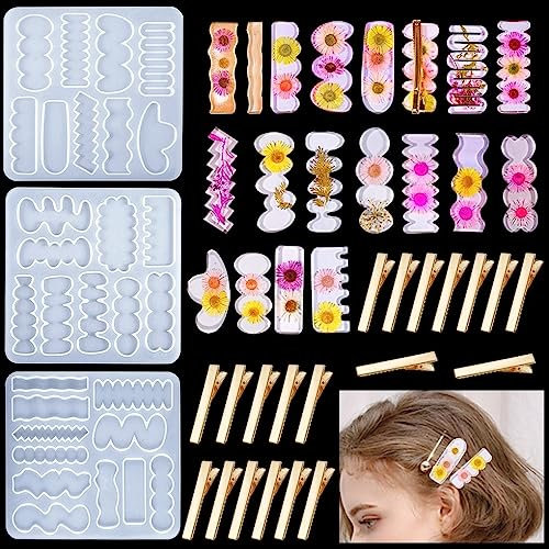 FineInno 3 Piezas Moldes Resina Epoxi Pinzas de Pelo y 20 Accesorios Hair Clips Resin Mold Moldes Silicona Pasador de Pelo Moldes Fundición Joyería