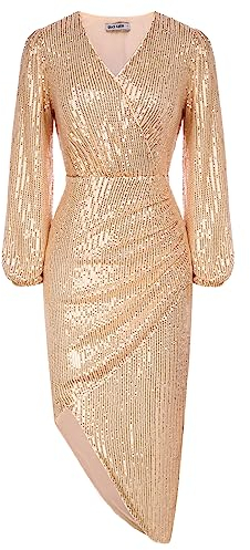 GRACE KARIN Women Club Night Out Sequins Long Sleeve Dress Vintage V-Neck Bodycon Prom Banquet Long Sleeve Dress Sequined Gold XXL