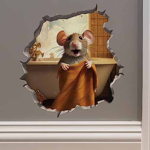 My Wonderful Walls Bathroom Mouse in Towel 3D Wall Sticker - Mouse Hole Decal, Vinyl, Matte, Cartoon, Glitter, Animal, Scenic, Outdoor, Single Use, 5x5 Inches