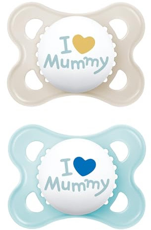 MAM Original Soothers | 0-6 Months | 2 Pack | Newborn Dummies | Comes in Dummy Steriliser Case | Sustainable Materials | Baby Accessories for Newborn | Blue - I Love Mummy