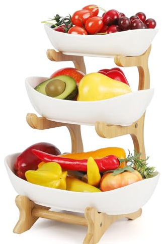 Frutero 3 Pisos Blanco, Corbeille à fruits moderne en plastique pour la cuisine,ensalada de frutas de varios pisos Juego de Cuencos con Pararse Bambú para decoración de cocina, verduras, aperitivo