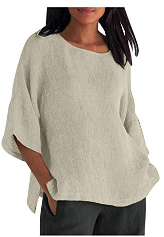 Linen Shirt Women Oversized,Plus Size Ladies Linen T Shirts Summer Short Sleeve Lagenlook Tops Plain Elegant Boat Neck Loose Fit Beach Boho Blouses Baggy Tee Shirts Tunic Tops UK Beige