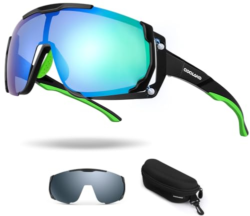 Odoland Cycling Sunglasses UV404 Magnetic Interchangeable Lenses Polarized Sport Sunglasses for Driving Cycling Baseball Outdoor Sports for Men Women Green