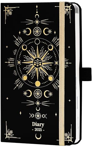 Taschenkalender 2025 - A6 2025 Taschenkalender Wochenansicht, kleiner Terminplaner 2025 Taschenkalender von Januar bis Dezember mit Stiftschlaufe und goldenem Sonnenmuster-Einband