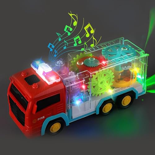 Noetoy Fire Engine Toys for 1 Year Old,Transparent Rotating Mechanical Gear Electric Toy,Light Up Music Educational Toys for 1 2 3 4 5 6 7 8 9 Year Old Boys Girl Gifts
