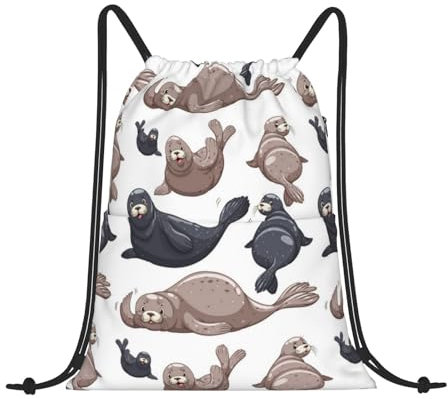 EgoMed Kordelzug-Rucksack, Rucksack-String-Tasche, Sport-Cinch-Sackpack, String-Tasche, Turnbeutel, Robben Illustration Seelöwe