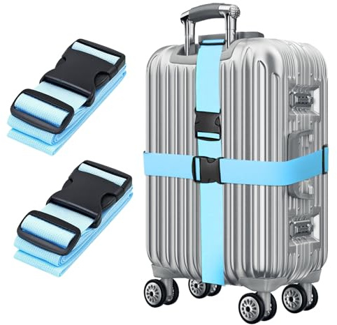 Blau Koffergurt Koffer Band 195cm Gepäckgurt Lang Gepäckgurte Kofferband Gurt mit klickverschluss Kofferbänder 2er Set Verstellbare Gepäckgurte Luggage Strap für Koffer
