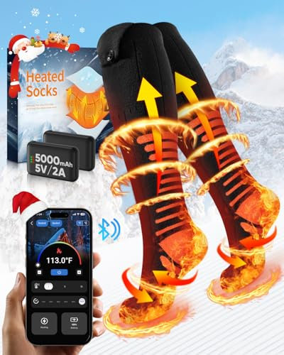 2025 Calze Riscaldate Aggiornati con Controllo APP, 5000mAh 5V Calze Riscaldanti Ricaricabili, 3 Impostazioni di Calore & Riscaldamento a 360 ° di Calzini Riscaldati Lavabili per Sci Caccia Escursioni
