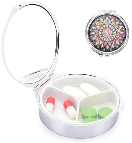 eROOSY 3 Fächer Metall Pillendose Rund, Klein Pillendose mit Spiegel, Tragbare Pillendose Rund, Tablettenbox für Tägliche und Reise Unterwegs