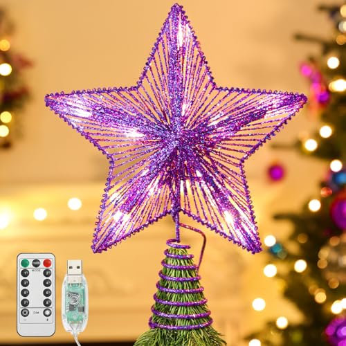 Lewondr Puntale Albero Punta Albero Natalizio, Forma Stella con Illuminazione Luci LED, Stella di Natale, Accessori Albero di Natale, Decorazioni Natale Scintillante, Viola