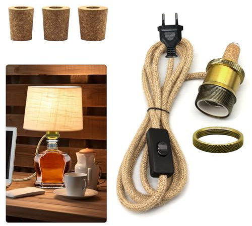 Adaptateurs pour Lampes Bouteille,Douille Ampoule E27 en Laiton avec 2.4 m Câble en Ficelle et Interrupteur, kit lampe de bouteille, Douilles de lampe en Céramique E26, 3 Types de Liège