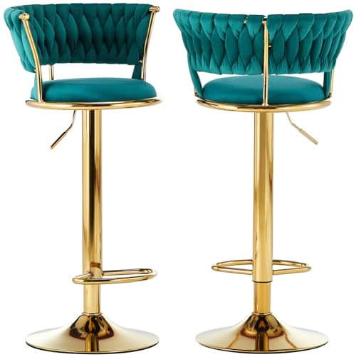 BAKAJI Set 2 Sgabelli da Cucina con Rivestimento in Velluto e Schienale Intrecciato e Altezza Regolabile, Sedie da Bar, Ristorante, Struttura Girevole in Oro con Poggiapiedi, Design Moderno (Verde)