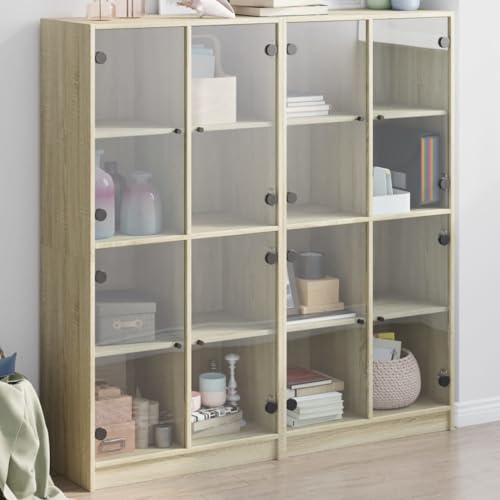 Willood Vitrinenschrank Glasvitrine Bücherschrank mit Türen Mehrzweckschrank mit Glastüren Wohnzimmer Metallschrank Sonoma Eiche 136 x 37 x 142 cm