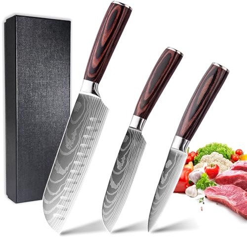 3-tlg Küchenmesser Set, Messerset aus Hochwertigem Edelstahl, Premium Küchenmesserset Ergonomischem Holzgriff, Scharfe Messer Set und Profi Kochmesser, Allzweckmesser, Küchenmesser-Geschenkbox-Set