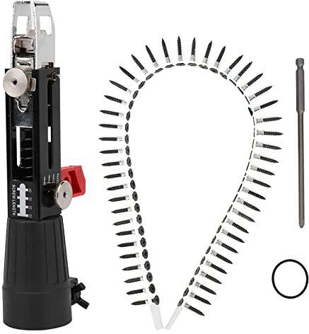 Aluminium Alloy Screw Gun Attachment Auto Chain Feed | Adjustable Depth 50-Screw Strip, 41-46mm Clamp Hex Shank, Nailer Adapter for Plasterboard Timber