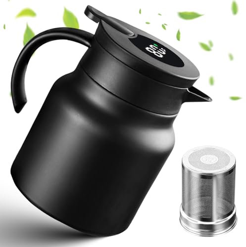 Thermos 1 l en acier inoxydable à double paroi - Bouteille isotherme de 1 l avec passoire à thé - Cafetière isotherme avec affichage de la température - Pas de gouttes