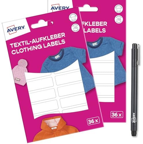 AVERY Zweckform ETVET36X2PEN Set Namensaufkleber wasserfest für Kleidung 72 Stück (13x45mm, Vinyl-Folie, selbstklebende Textil-Etiketten, beschriftbare Textilaufkleber für Waschmaschine,Trockner) weiß