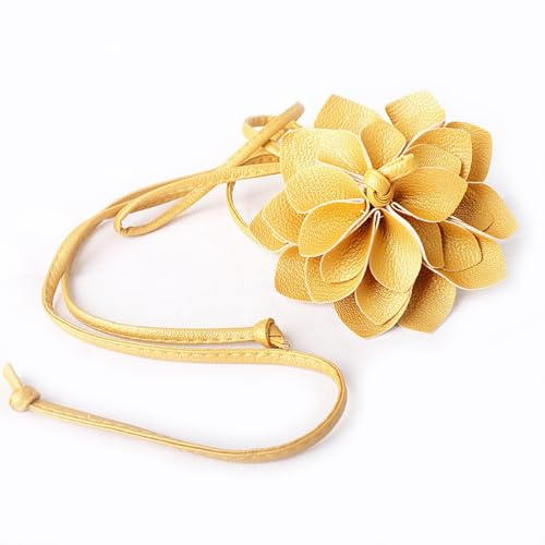 Blausky Boho Gürtel Damen,Dünner Taillengürtel Vintage Kleid Gürtel mit Groß Blume Hüftgürtel aus PU-Leder Verstellbarer Taillenkette Blumengürtel für Festival Party Hochzeit 210cm,Gold
