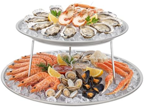 Aohuada Assiette à 2 étages pour fruits de mer - Plateau rond argenté avec support - Pour buffet, mariage, fête, 25 cm