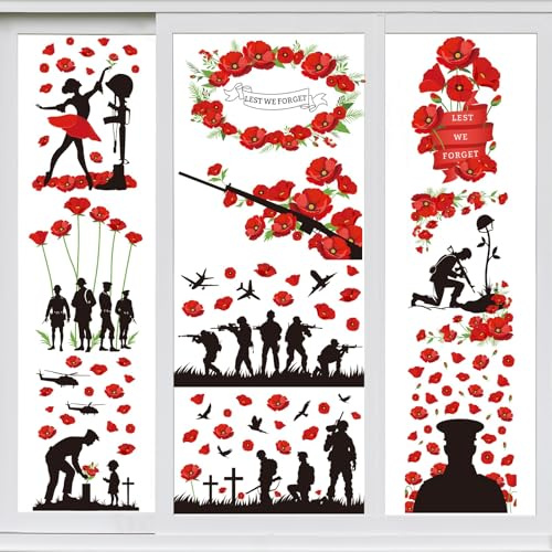 DTOFOOT Lest We Forget Window Stickers, 10 Sheets Poppy Window Remembrance Day Sticker for Home Street School Window Mirror Glass Decorations(7.8 x 11.8 inches)