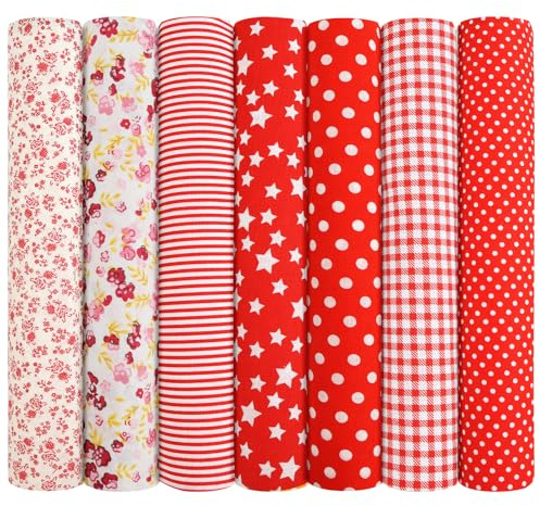 AOOSA 7pcs Cotton Sewing Fabrics, 50 x 50 cm DIY Cotton Fabrics, Assorted Patterns, Soft and Durable Patchwork Fabric for Quilting, Sewing, DIY, Masks, Home Decoration, Red