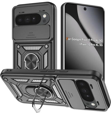 Cover per Google Pixel 10 Pro XL 5G, Custodia per Google Pixel 9 Pro XL 5G Antiurto Scorrevole Protezione Fotocamera Custodia con 360°Rotante Anello Supporto Cover, Nero