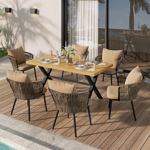 Merax Essgruppe 7-teilig, Gartenmöbel Set mit Tisch und 6 Stühlen, Rattan Rückenlehnen, Eisengestell, Tisch in Holzoptik, Sitzkissen, Essplatz für Terrasse Balkon Garten, Khaki und Natur