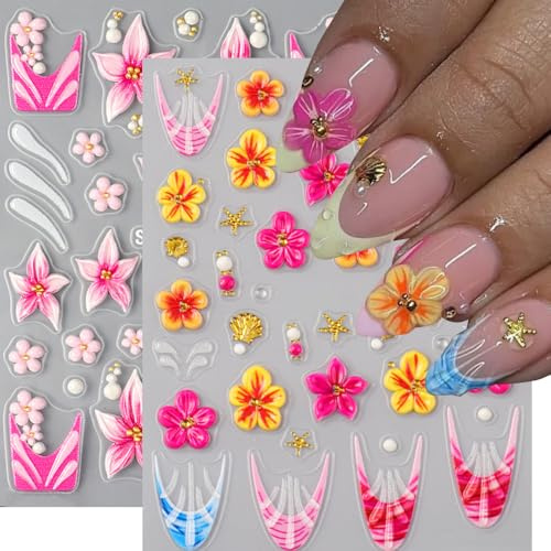 Nagelsticker Blumen, 5D Stereoskopisch Frühling Sommer Nagelaufkleber Selbstklebend French Floral Rosa Blume Nail Art Stickers DIY Nageldesign Zubehör 2 Blatt