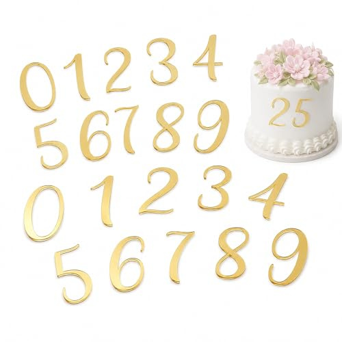 20 Pcs Gold Acrylic Number Cake Toppers – Numbers 0-9 DIY Decorations for Personalised Birthday Cakes – Reusable Topper Set for Weddings Anniversaries and Celebration Parties