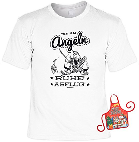 Angler Weihnachts-Geschenk-Set - lustiges Sprüche T-Shirt + Minischürze : Bin am Angeln. Ruhe! Abflug! - Angelshirt + witziger Scherzartikel Flaschenschürze Gr: S