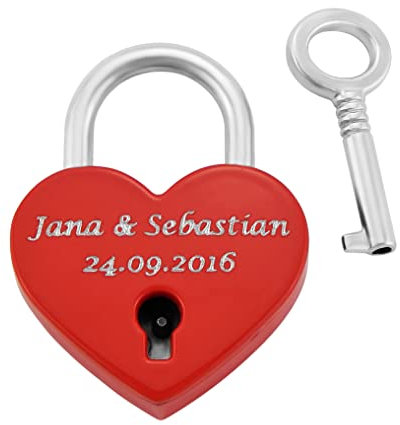 Hanessa Lucchetto dell'amore inciso a forma di cuore con chiave con incisione, anniversario di matrimonio, anniversario, idea regalo, incisione del nome in rosso