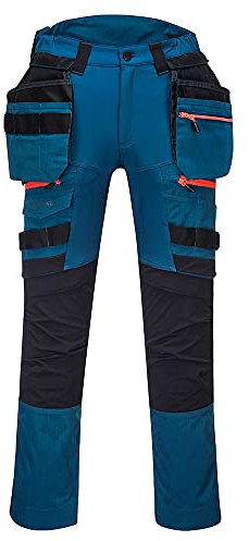 Portwest DX440 Lightweight Detachable Holster Work Trousers Mens Multi Pockets Stretch Safety Workwear Cargo Combat Pants with Free Knee Pads Metro Blue, 41
