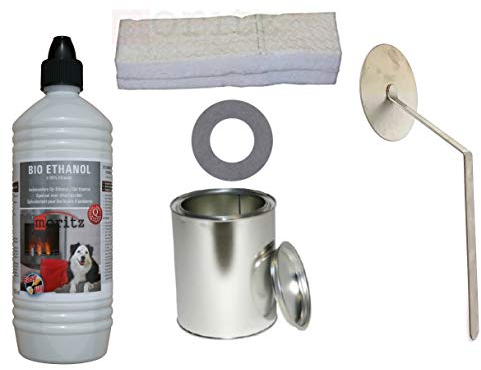 Moritz Starter Set 1 x 1000 ml Bio Ethanol + 1x Blechdose 250 ml mit Deckel + 1x Watte/Keramikwolle + 1x Flammenkiller + Sparplatte für Brenner Kamin Ofen Sicherheitsbrenner Brennpaste