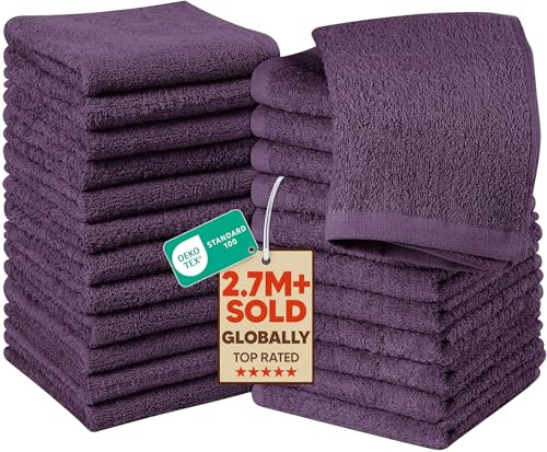 Utopia Towels - Cotton Washcloths Set - 30 x 30 cm, White - 100% Ring Spun Cotton, Premium Quality Flannel Face Cloths, Highly Absorbent and Soft Feel Fingertip Towels (24-Pack, Plum)