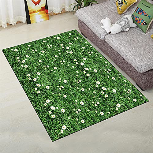 Xiaosua Waschbar Anti-milbe Auslegware Grün Wohnzimmer Teppich grünes Gras Kleine Blumen Muster Haltbarer Teppich Anti-Slip hygroskopisch Tatami Teppichboden 60X90CM 1ft 11.6''X2ft 11.4''