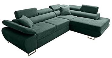 Robin Saturn Premium Ecksofa Schlaffunktion Bettkasten Verstellbare Kopfstützen Kissen Sofa L-Form Schlafsofa Freistehende Eckcouch Schlafcouch Wohnzimmermöbel Wohnlandschaft Rechts Flaschengrün