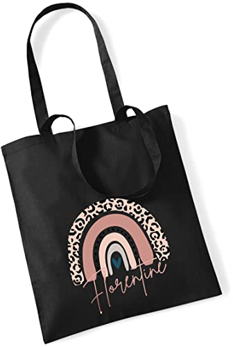 Jutebeutel bedruckt mit Namen & rosa Regenbogen LEO-Print |Stofftasche Baumwolle inkl. Namensaufdruck für Mädchen | Personalisierter Kinderbeutel Tragetasche für Krippe, Kindergarten, Schule schwarz