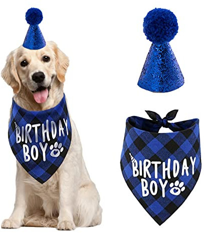 Hund Geburtstag Bandana Hut Schal Set, Hund Geburtstag Party Zubehör, Hunde Bandana Junge Mädchenm Welpe Geburtstags Hut Schal klassisches Kariertes Design für Hunde (Blau)